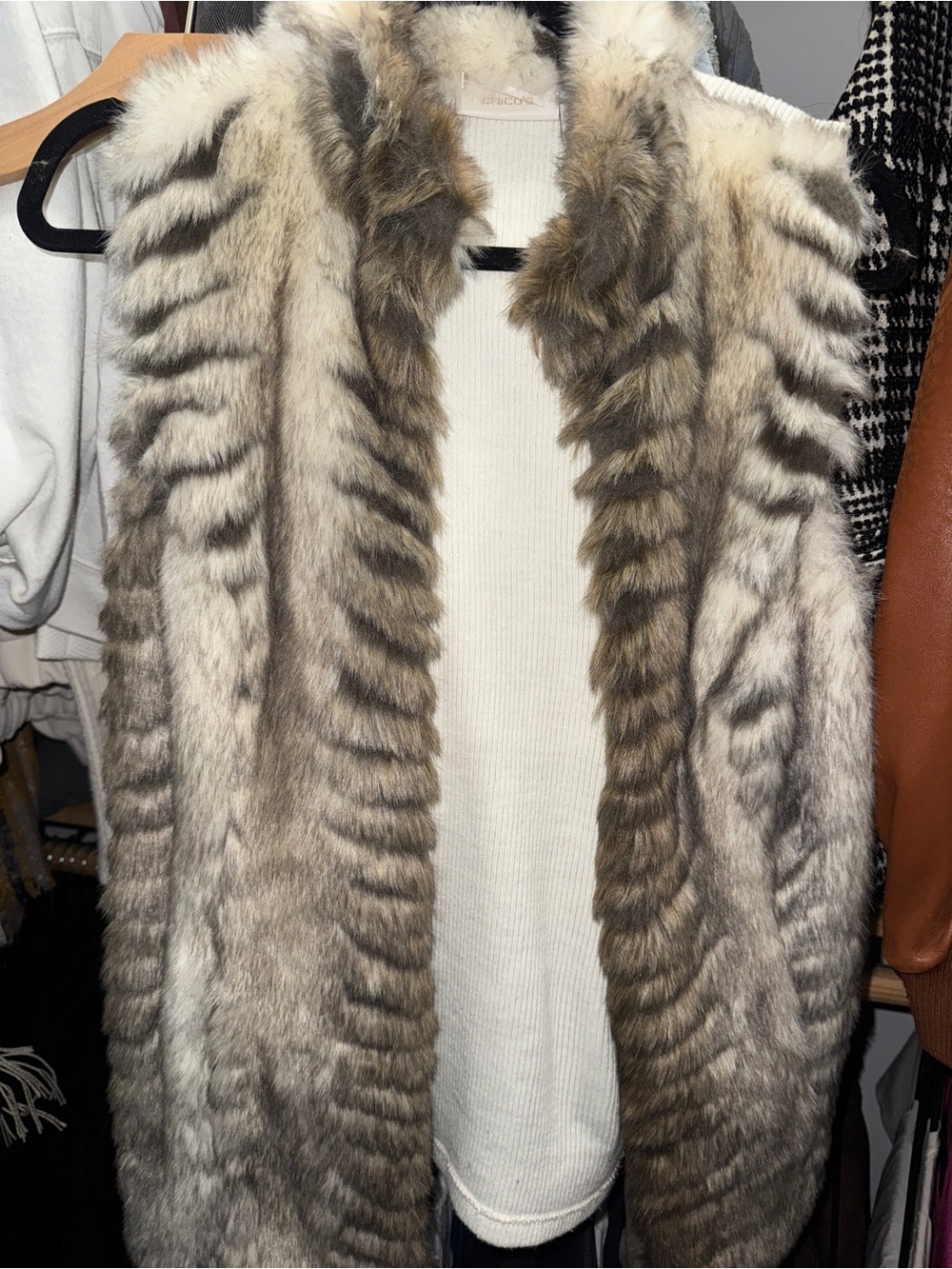 Chico's Faux Fur Vest in Cream and Brown Tones